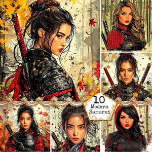 Ensemble de filles samouraïs JPEG dans une forêt de bambous, illustration de style bande dessinée, usage commercial, téléchargement immédiat, artisanat en papier, journal indésirable, Scrapbooking