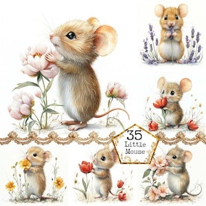 JPEG Aquarell Maus und Blume Clipart Bundle Feldmaus Clipart Kommerzielle Nutzung Sofort Download Papier Handwerk Junk Journal Scrapbooking