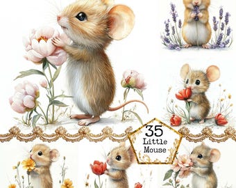 JPEG Watercolor Mouse and Flower Clipart Bundle Field Mouse Clipart Commercial Use Instant Download Paper Crafts Junk Journal Scrapbooking