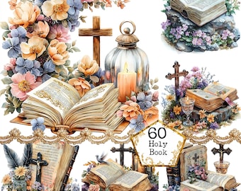 Może przedstawiać: Zbiór sześciu obrazów cyfrowych przedstawiających ilustracje w stylu vintage otwartych książek, krzyży i kompozycji kwiatowych. Obrazy idealnie nadają się do scrapbookingu, tworzenia kartek i innych projektów rękodzielniczych. Tekst "60 Holy Book" jest zawarty w jednym z obrazów.