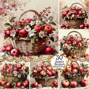 JPEG Shabby Chic Apple Baskets Clipart Bundle JPEG Cyfrowe tła Sztuka kuchenna Natychmiastowe pobieranie Papierowe rzemiosło Dziennik śmieci Scrapbooking
