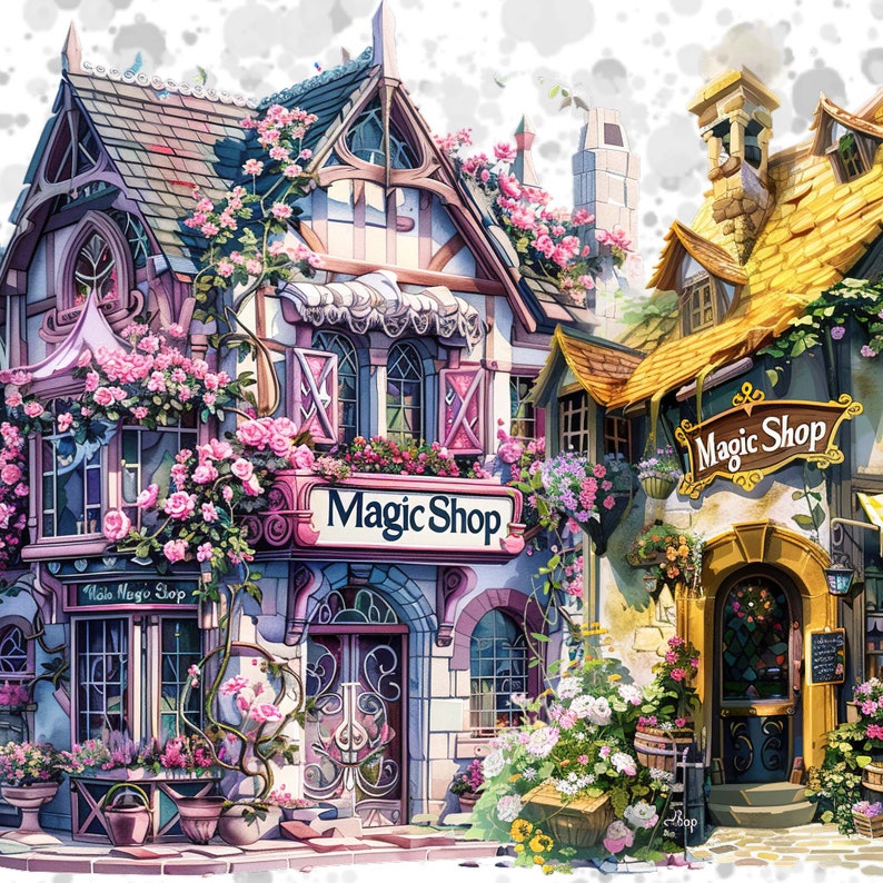 May include: A whimsical illustration of two colorful shops with signs that read "Magic Shop". The shops are decorated with flowers and vines, and the windows are filled with magical items. The scene is set against a white background with watercolor-like textures.