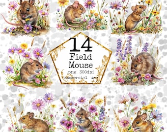 Watercolor Field Mouse Clipart Bundle Cute Mouse PNG Summer Clipart Animal Clipart Instant Download Paper Crafts Junk Journal Scrapbooking