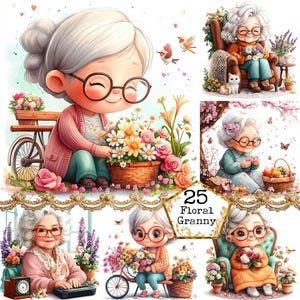 Paquete de imágenes prediseñadas de abuela primaveral con acuarela JPEG, divertidas flores de abuela primaverales, arte, descarga instantánea, manualidades de papel, diario basura, álbumes de recortes