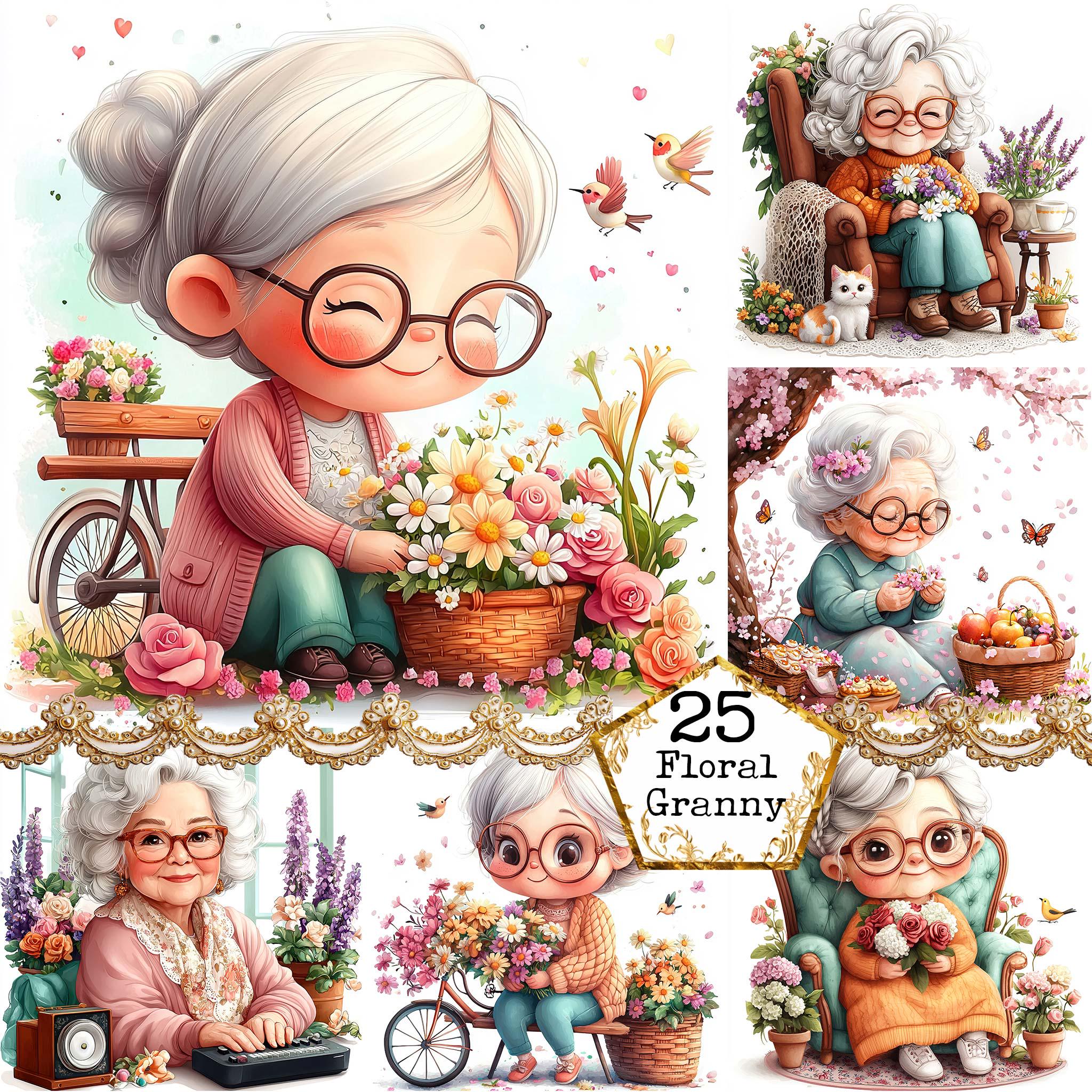 JPEG Watercolor Spring Granny Clipart Bundle Funny Floral Granny Spring ...