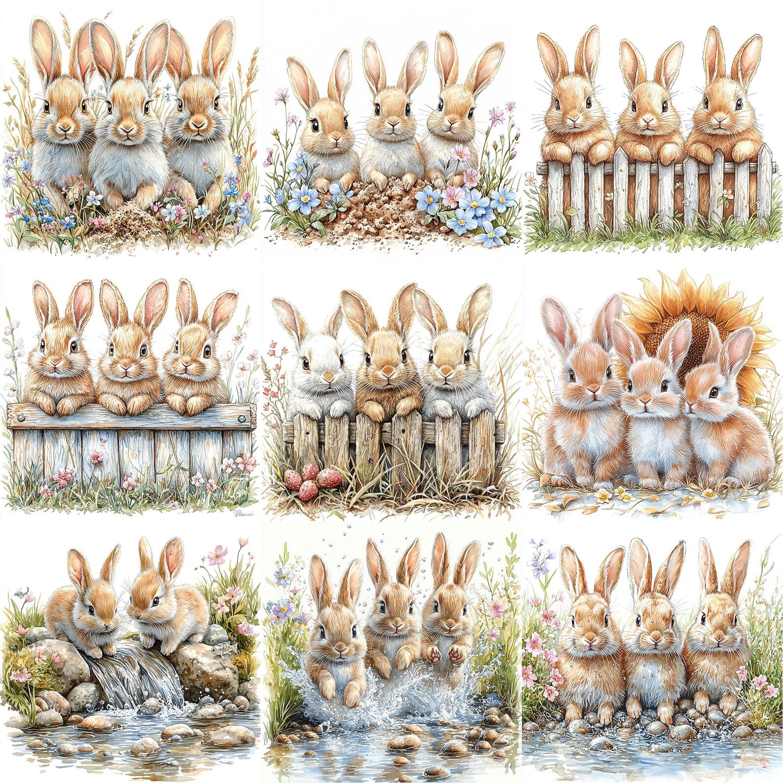JPEG Watercolor Spring Bunnies Clipart Bundle Floral Rabbits Clipart ...