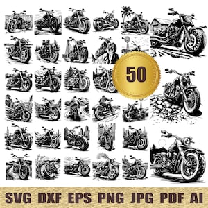 50 Motorcycle Svg Bundle svg dxf eps pdf ai png, Motorcycle Silhouette Vector Image, SVG Shirt Design Cut File Harley Davidson For Cricut