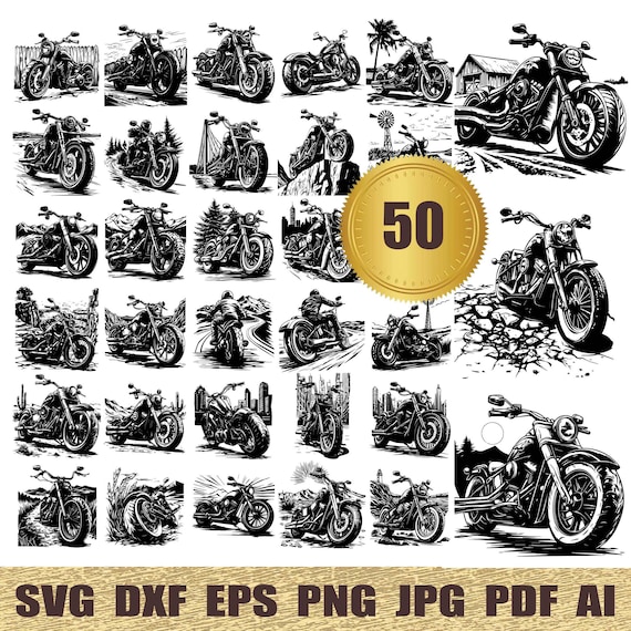 50 Motorcycle Svg Bundle svg dxf eps pdf ai png, Motorcycle Silhouette Vector Image, SVG Shirt Design Cut File Harley Davidson For Cricut