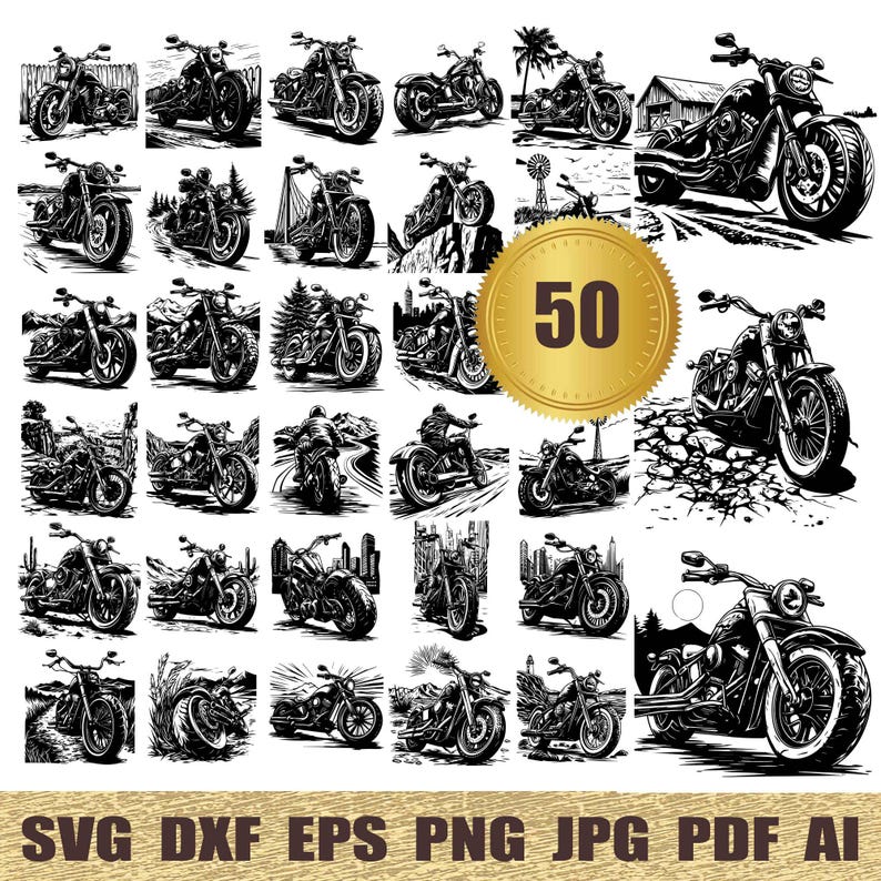 May include: A set of 50 black and white vector illustrations of motorcycles. The motorcycles are in various poses and settings, including riding on roads, parked in garages, and being ridden by people. The illustrations are in a vintage style and are perfect for use in projects such as t-shirt designs, website graphics, and social media posts.