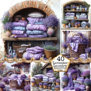 Puede incluir: Una colección de artículos de lavandería con temática de lavanda, que incluyen cestas, sábanas y toallas, dispuestas en estantes y en un entorno rústico. La imagen presenta una variedad de texturas y colores, incluyendo morado, marrón y blanco.