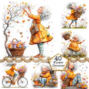 Paquete de imágenes prediseñadas de abuela primaveral en acuarela JPEG, divertida anciana, linda abuela, descarga instantánea, manualidades de papel, diario basura, álbumes de recortes