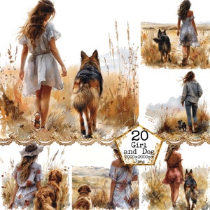 Acuarela chica y perro en un campo JPEG naturaleza clipart botas de vaquero verano clipart descarga instantánea artesanías de papel diario basura scrapbooking