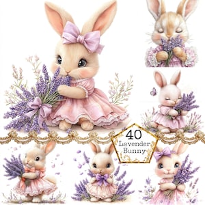 Può includere: Una collezione di illustrazioni con adorabili coniglietti. Ogni coniglietto, con morbida pelliccia, indossa un vestito rosa e un fiocco, tenendo in mano un mazzo di lavanda. L'immagine include il testo "40 Lavender Bunny".
