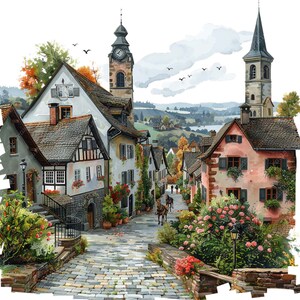 May include: A watercolor painting of a quaint European village with cobblestone streets, colorful houses, and a church steeple in the background. Lush greenery and flowers line the streets, creating a charming and idyllic scene.