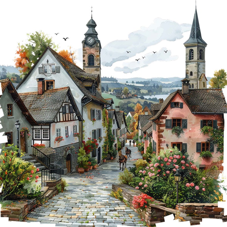 May include: A watercolor painting of a quaint European village with cobblestone streets, colorful houses, and a church steeple in the background. Lush greenery and flowers line the streets, creating a charming and idyllic scene.