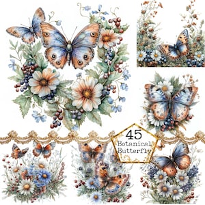 JPEG Acquerello Floreale Farfalla Cluster Clipart Bundle Fiori Primaverili Fiori Selvatici Download Istantaneo Artigianato di Carta Diario di Scartoffie Scrapbooking