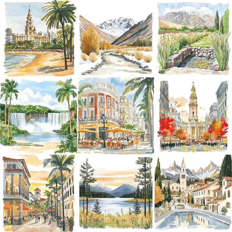 May include: A watercolor painting depicting ten different scenes of European architecture, including a church, a waterfall, a lake, and a city street. The painting is done in a realistic style with a focus on detail.