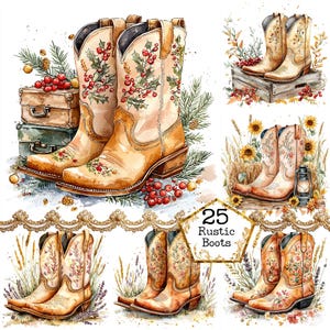 JPEG Aquarell Rustikal Stiefel Clipart Bundle Cowboy Art Cowboy Szene Kommerzielle Nutzung Sofort Download Papier Handwerk Junk Journal Scrapbooking