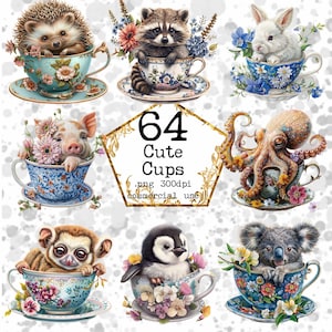 PNG Animals in Mugs Illustrations Clipart Bundle Commercial Use Cute Animals PNG Instant Download Paper Crafts Junk Journal Scrapbooking