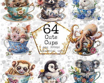 May include: 64 Cute Cups .png 300dpi commercial use. A set of digital illustrations featuring various animals sitting in teacups with flowers. The animals include a hedgehog, raccoon, rabbit, pig, octopus, lemur, penguin, and koala.