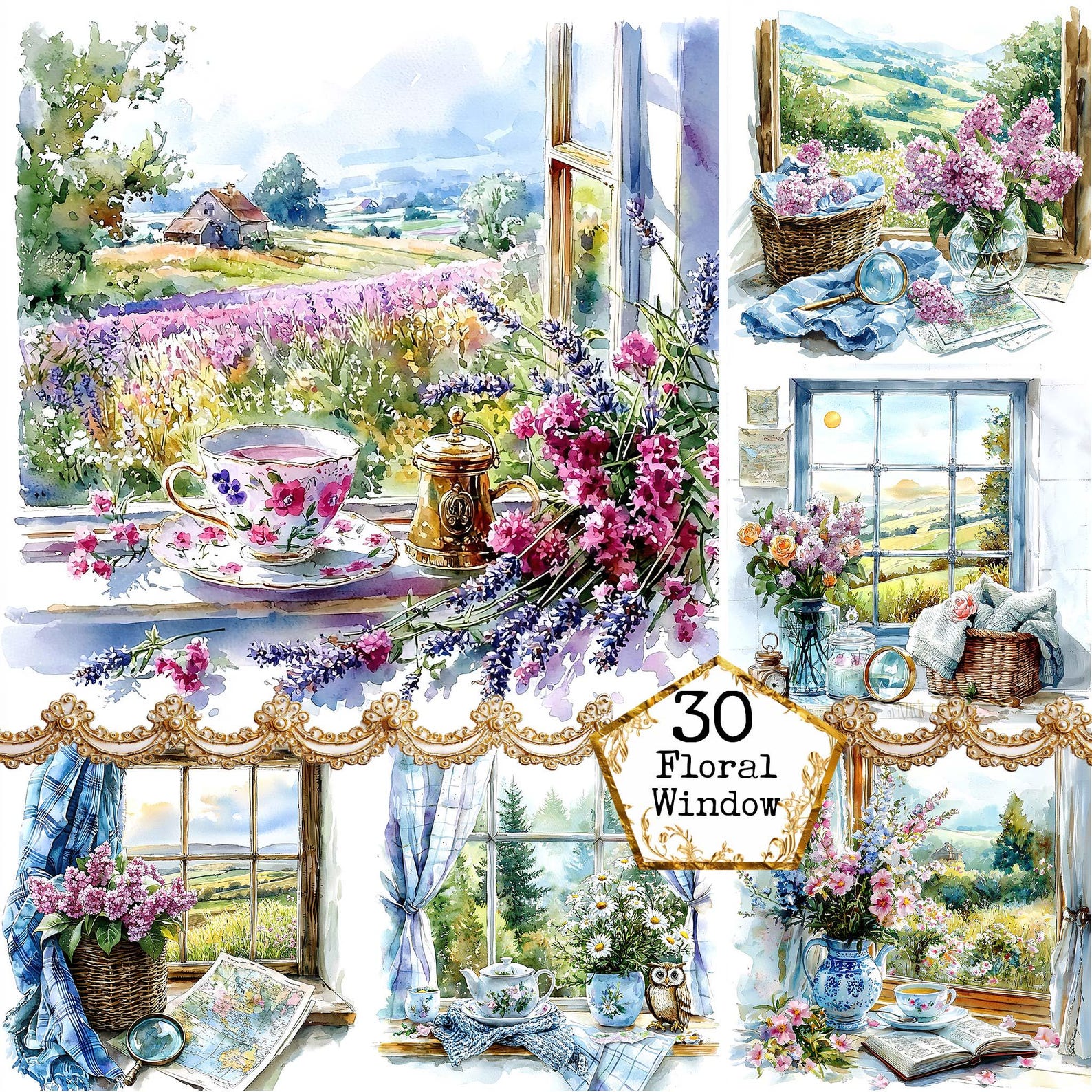 JPEG Watercolor Spring Floral Windows Clipart Bundle Floral Windows ...