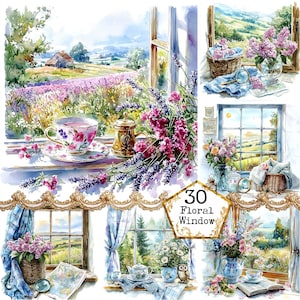 Paquete de imágenes prediseñadas de ventanas florales de primavera con acuarela JPEG, uso comercial, descarga instantánea, manualidades con papel, diario basura, álbumes de recortes