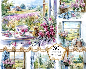 JPEG Watercolor Spring Floral Windows Clipart Bundle Floral Windows Commercial Use Instant Download Paper Crafts Junk Journal Scrapbooking