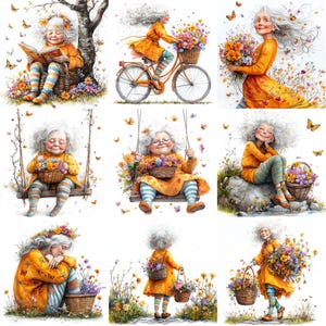 JPEG Watercolor Spring Granny Clipart Bundle Funny Elderly Lady Cute ...