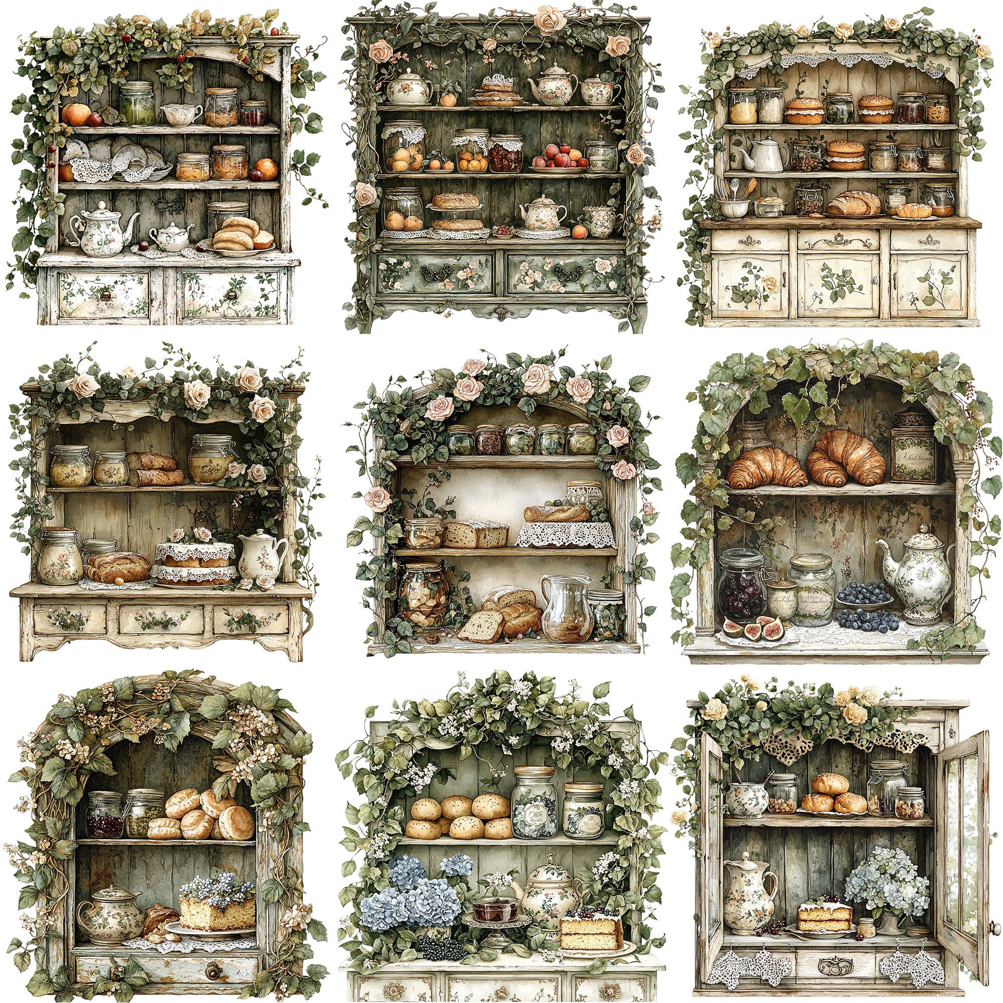 PNG + JPEG Watercolor Vintage Kitchen Cabinet Clipart Bundle Rustic ...
