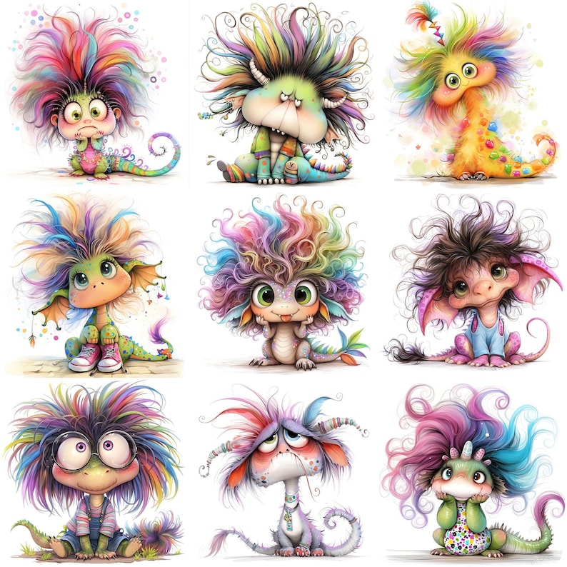 May include: Nine colorful cartoon dragon illustrations with large, expressive eyes and vibrant, multi-colored hair. Each dragon has a unique pose and design, with details like clothing and accessories. The overall style is whimsical and playful.