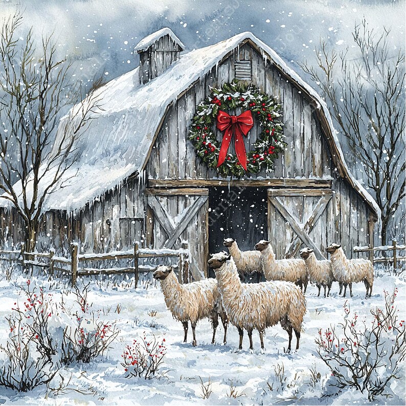 JPEG Watercolor Winter Countryside Barn Christmas Cottagecore Village ...