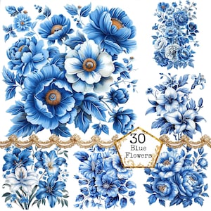 JPEG Watercolor Blue Flowers Clipart Bundle Flower Bouquets Charming Bouquet Instant Download Paper Crafts Junk Journal Scrapbooking