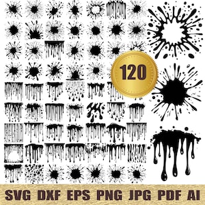 Könnte beinhalten: Ein Set mit 120 schwarzen Tintenspritzer- und Tropf-SVG-Schnittdateien. Das Bild zeigt eine Vielzahl von Tintenspritzern und Tropfen in verschiedenen Größen und Formen. Das Bild enthält auch einen goldenen Kreis mit der Zahl 120 darin.