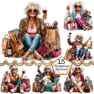 JPEG Watercolor Shopping Granny Clipart Bundle Senior Lady with Shopping Bags Instant Download Paper Crafts Junk Journal Scrapbooking