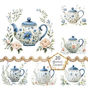 Può includere: Un set di 20 illustrazioni ad acquerello di teiere blu e bianche con motivi floreali. Le teiere sono circondate da fiori e vegetazione. Il testo "20 Herbal Teapot" è al centro dell'immagine.
