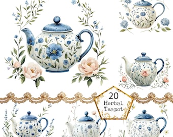 Può includere: Un set di 20 illustrazioni ad acquerello di teiere blu e bianche con motivi floreali. Le teiere sono circondate da fiori e vegetazione. Il testo "20 Herbal Teapot" è al centro dell'immagine.