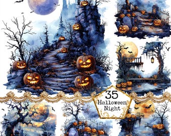 JPEG Watercolor Spooky Halloween Clipart Bundle Dark Fantasy JPEG Instant Download For Commercial Use Paper Crafts Junk Journal Scrapbooking