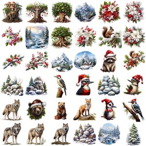 May include: A collection of 36 digital clipart images featuring winter scenes, animals, and nature. The images include a variety of subjects, such as snow-covered mountains, woodland creatures, and festive holiday decorations.