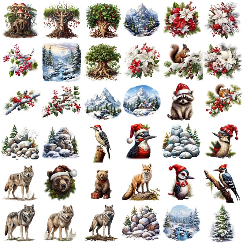 May include: A collection of 36 digital clipart images featuring winter scenes, animals, and nature. The images include a variety of subjects, such as snow-covered mountains, woodland creatures, and festive holiday decorations.