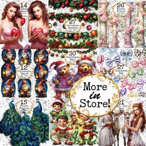 May include: A collage of digital illustrations featuring Christmas-themed designs. The images include a heart, a peacock, a bear, a floral pillar, a checkered bow, a dwarf, an elf, and a girl with a deer. The text "More in Store!" is displayed in the center of the collage.
