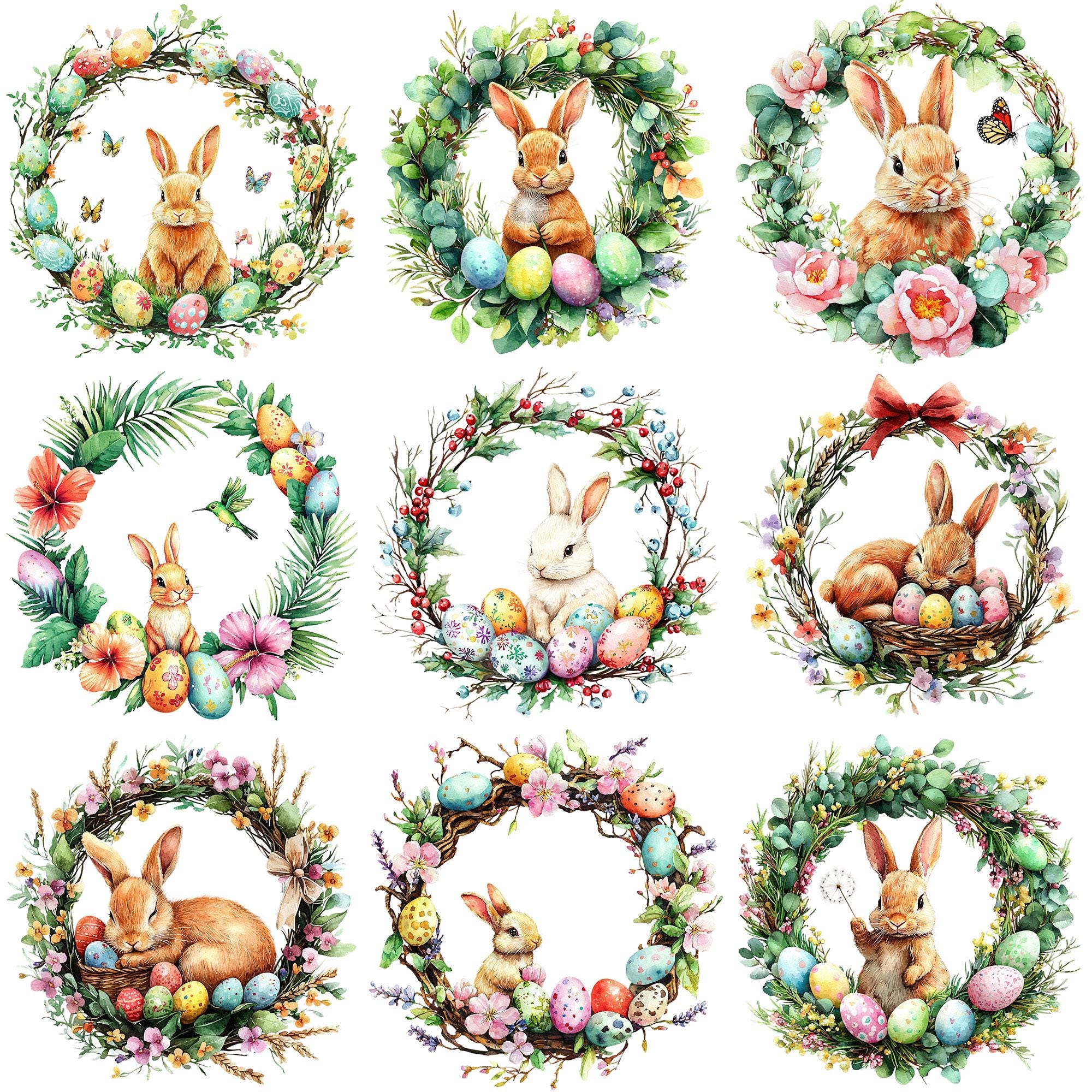 PNG + JPEG Watercolor Easter Wreath Clipart Bundle Easter Bunny Easter ...