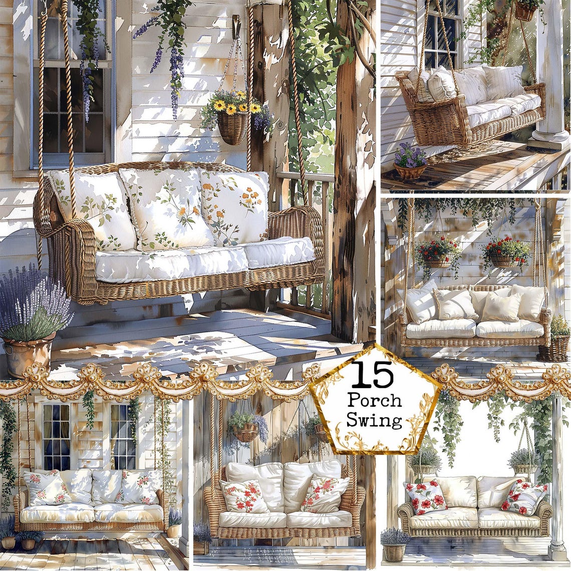 JPEG Watercolor Porch With Swing Clipart Bundle Instant Download Paper ...