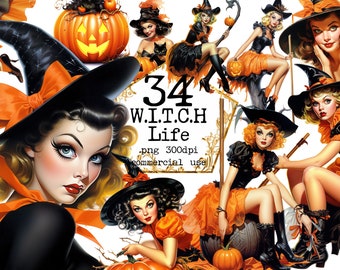 PNG Retro Witch Halloween Bundle Clipart, Transparent PNG, Pumpkin, Broomstick, Potions, Scrapbook, Junk Journal, Paper Crafts Scrapbooking