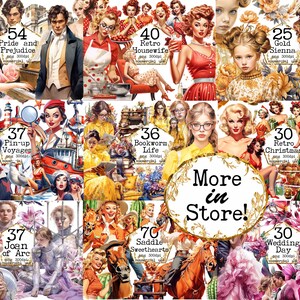 May include: A collage of digital illustrations featuring vintage-style women in various settings. The illustrations are labeled with titles such as "Pride and Prejudice", "Retro Housewife", "Pin-up Voyages", "Bookworm Life", "Joan of Arc", "Saddle Sweethearts", "Retro Christmas", and "Wedding Day". The text "More in Store!" is also included in the collage.