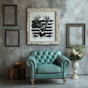 May include: A black and white illustration of a deer with large antlers standing in front of an American flag. The illustration is framed and hanging on a wall above a teal blue armchair.