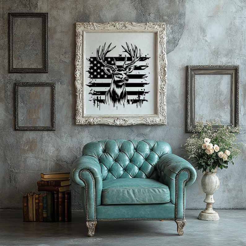 May include: A black and white illustration of a deer with large antlers standing in front of an American flag. The illustration is framed and hanging on a wall above a teal blue armchair.