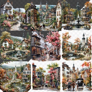 May include: A digital painting of a whimsical European village with colorful buildings, cobblestone streets, and lush greenery. The scene features a variety of architectural styles, including a church, a castle, and a town square. The painting is filled with details, such as flowers, trees, and people walking through the streets.