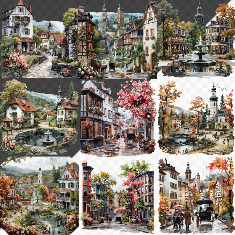 May include: A digital painting of a whimsical European village with colorful buildings, cobblestone streets, and lush greenery. The scene features a variety of architectural styles, including a church, a castle, and a town square. The painting is filled with details, such as flowers, trees, and people walking through the streets.