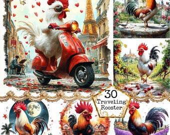JPEG Adventure Rooster Clipart Bundle Holliday Clipart Vacation Clipart Festive Instant Download Paper Crafts Junk Journal Scrapbooking