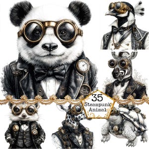 Pode incluir: Uma coleção de 35 ilustrações digitais que apresentam vários animais com roupas e acessórios inspirados no steampunk. Os animais incluem um panda, uma zebra, um pássaro, uma girafa e uma tartaruga. Cada animal é retratado com detalhes intrincados, incluindo óculos, engrenagens e outros elementos mecânicos.